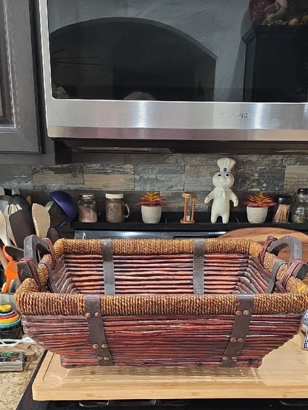 Handwoven Brown Rattan Storage Basket with Side Handles
